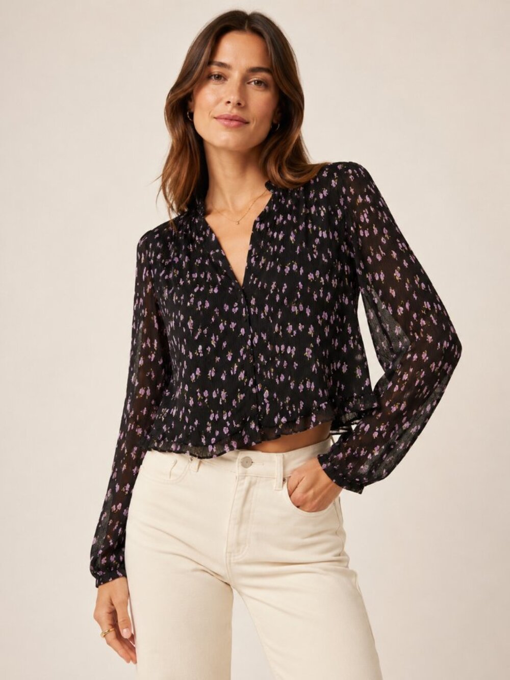 Zara Black Sheer Floral Long-Sleeve Blouse with Lavender Print